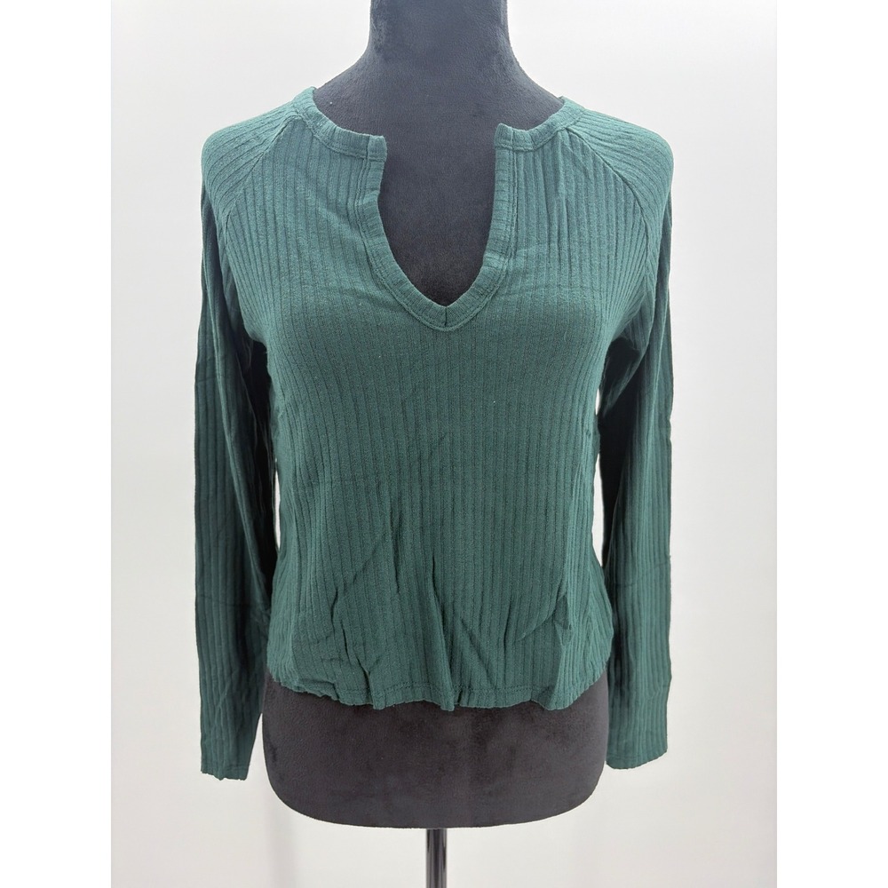 Lulus Womens Forest Green Ribbed Split Neck Long Sleeve‎ Top XS New With Tags